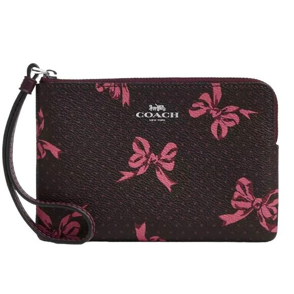 Coach Leather Corner Zip Wristlet Merlot with Pink Bow Print NWT CZ441 - Picture 1 of 8
